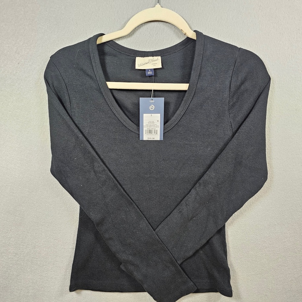 Universal Thread Women's Ribbed Long Sleeve Scoop Neck Top Black Small NWT